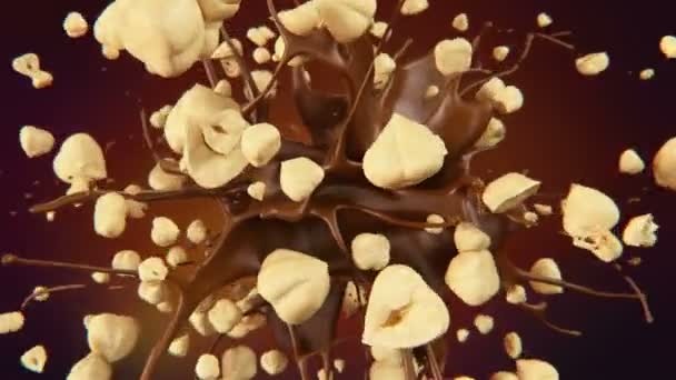 Avelãs Frescas Estourando Chocolate Líquido Câmera Lenta — Vídeo de Stock