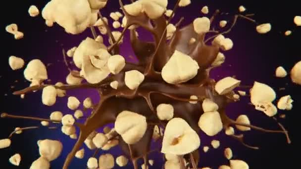 Čerstvé Lískové Oříšky Praskající Tekuté Čokoládě Zpomaleném Filmu — Stock video