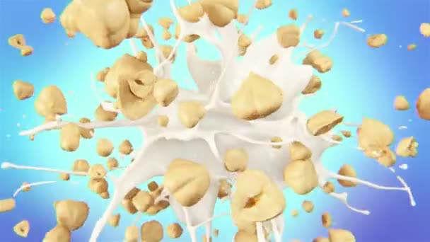 Verse Hazelnoten Spuiten Heerlijke Melk Slow Motion — Stockvideo