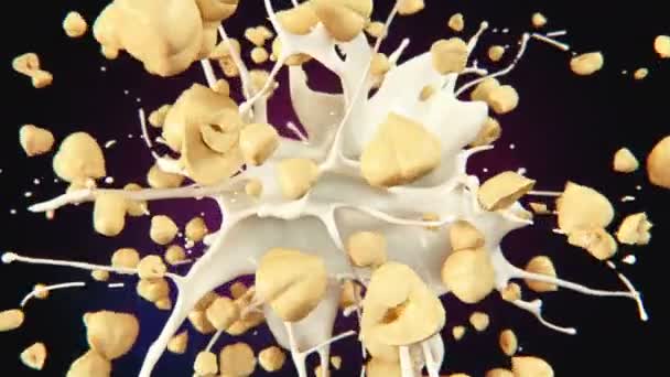 新鲜的榛子在鲜美的牛奶中慢动作地喷射着4K — 图库视频影像