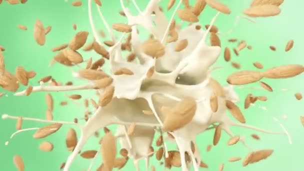 Verse Amandelen Spuiten Smakelijke Melk Slow Motion — Stockvideo