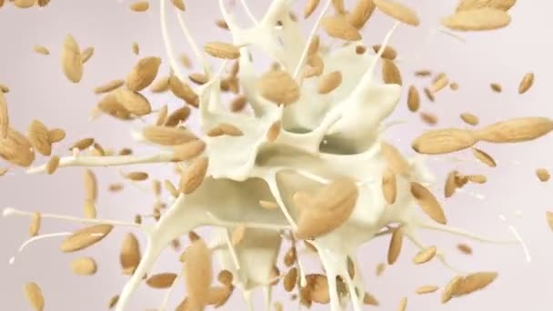 Свіжий Мигдаль Бризкали Смачному Молоці Повільному Русі — стокове відео