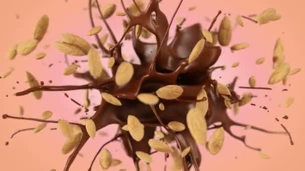 Amêndoas Frescas Esguichando Chocolate Saboroso Câmera Lenta — Vídeo de Stock