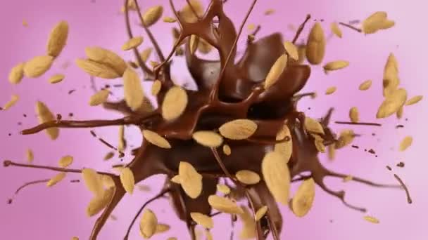 Mandorle Fresche Spruzzando Gustoso Cioccolato Rallentatore — Video Stock