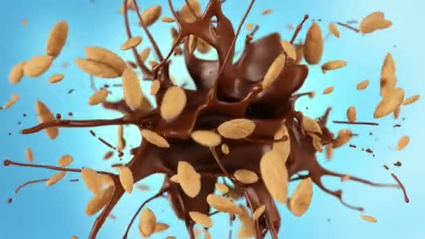 新鲜杏仁在美味的巧克力中慢动作喷射4K — 图库视频影像