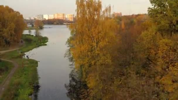 Ovanifrån av Big Garden Pond i Timiryazevsky Park i höst, Moskva Ryssland. — Stockvideo