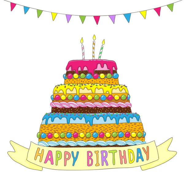 Birthday cake with burning candles — Stock Vector