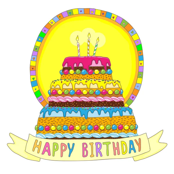 Birthday cake with burning candles — Stock Vector