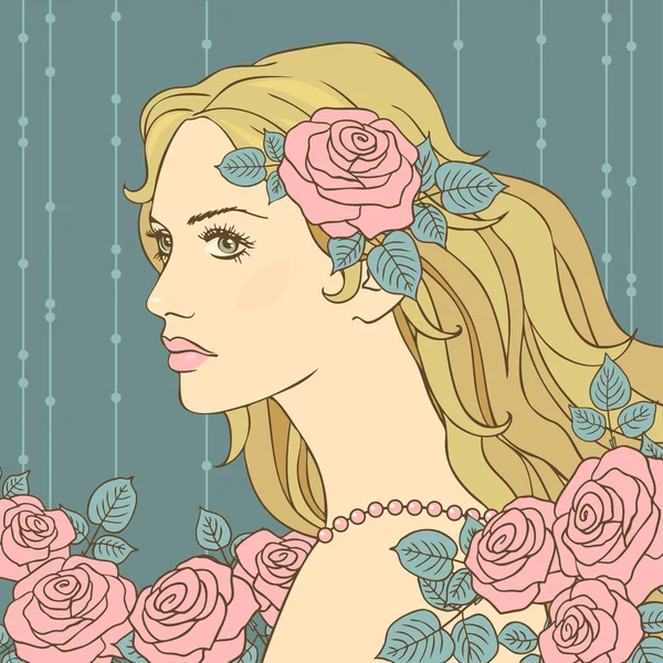 Belleza joven dama en flores — Vector de stock