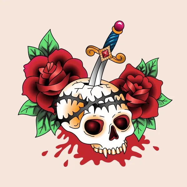 Tattoo dead skull in red roses — Stock Vector