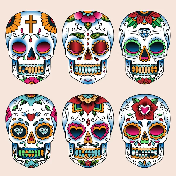 Set van tatoeage kunst schedels in Mexicaanse stijl — Stockvector