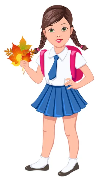 Schoolgirl holding the bouquet of  leaves — Stock Vector