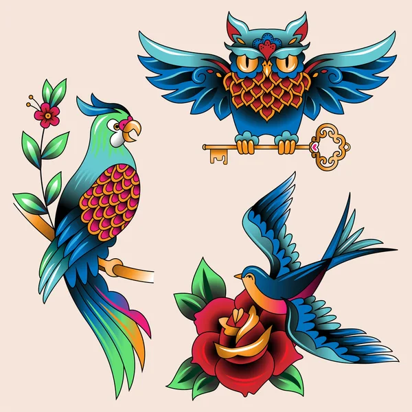 Hibou tatouage oiseaux, perroquet et swallon — Image vectorielle