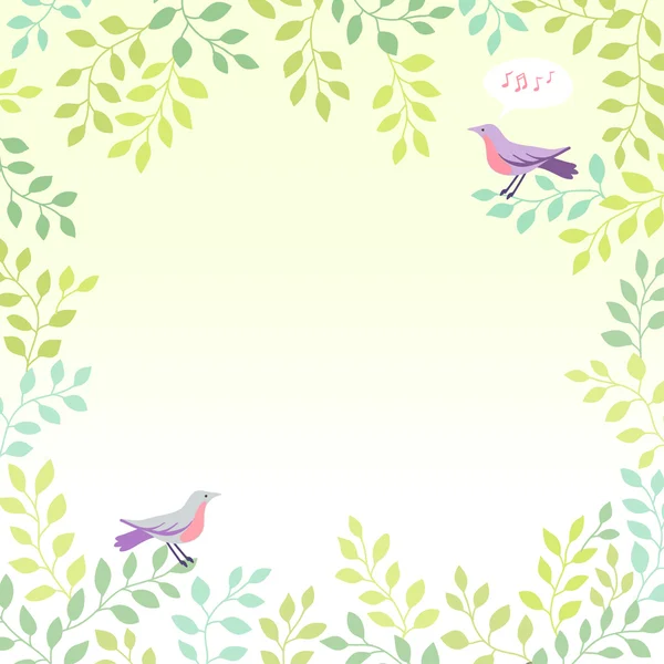 Pájaros cantando en hojas verdes . — Vector de stock