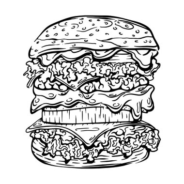 Hamburger elle çizilmiş vektör çizimi. Mürekkep çizgisi sanatı. Marketler, dükkanlar için taslak çizimi. Baskı için Clip Art Posteri. Boyama sayfası. Beyaz arkaplanda izole