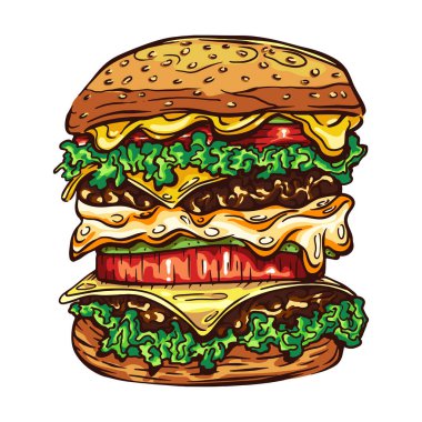 Renkli hamburger elle çizilmiş vektör çizimi. Burger, büyük mak mürekkep grafik çizelgesi. Marketler, dükkanlar için taslak çizimi. Baskı için Clip Art Posteri. Boyama sayfası. Beyaz arkaplanda izole