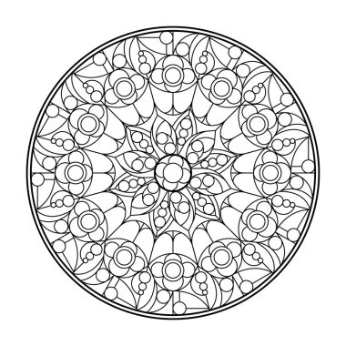 Viktorya dönemi siyah madalyonlu Fransız gülü. Batı Avrupa 'da ortaçağ mimarisi. Beyaz arkaplanda vektör çizimi izole edildi. Geometrik süs. Boyama sayfası, mandala