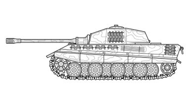 Kitap ve çizim için yetişkin hattı askeri tank boyama sayfası. Savaş modern panzer. Vektör çizimi. Araç. Grafik elementi. Siyah hatlı çizim beyaz arkaplanda izole edilmiş.