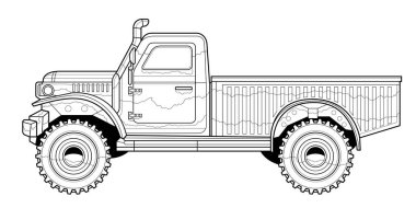 Çizim ve kitap için çizgi film boyama sayfası. Komik vektör çizimi. Kamyon aracı. Grafik elementi. Araba tekerleği. Siyah hatlı çizim beyaz arkaplanda izole edilmiş..