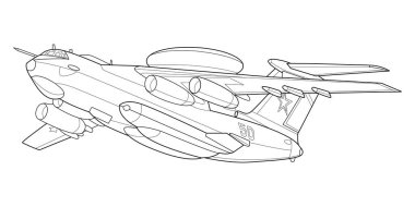 Kitap ve çizim için yetişkin askeri uçak boyama sayfası. Uçak. Savaş uçağı. Vektör çizimi. Araç. Grafik elementi. Uçak. Siyah hatlı çizim beyaz arkaplanda izole edilmiş..