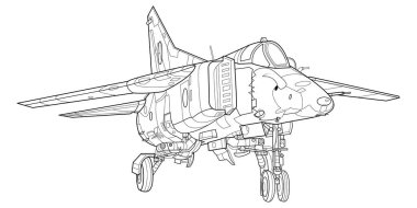 Kitap ve çizim için yetişkin askeri jet boyama sayfası. Uçak ve Uçak. Vektör çizimi. Araç savaş uçağı grafiksel elementi. Uçak. Siyah hatlı çizim beyaz arkaplanda izole edilmiş.