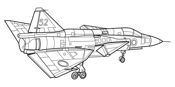 成人军用飞机着色页 用于图书和绘图 战斗机 矢量图解 图形元素 黑色等高线草图以白色背景表示孤立 — 图库矢量图片