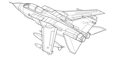 Kitap ve çizim için yetişkin askeri uçak boyama sayfası. Uçak. Savaş uçağı. Vektör çizimi. Araç. Grafik elementi. Uçak. Siyah hatlı çizim beyaz arkaplanda izole edilmiş..