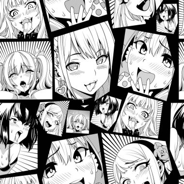 Siyah vektörsüz desen, ahegao ile yüz yüze duygu, illüstrasyon manga seti. Tişörtler, kasklar, arabalar ve duvar kağıtları için el yapımı sanat eserleri. konsept grafik tasarım elemanı. Siyah arkaplanda izole
