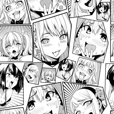Siyah vektörsüz desen, ahegao ile yüz yüze duygu, illüstrasyon manga seti. Tişörtler, kasklar, arabalar ve duvar kağıtları için el yapımı sanat eserleri. konsept grafik tasarım elemanı. Beyaz arkaplanda izole