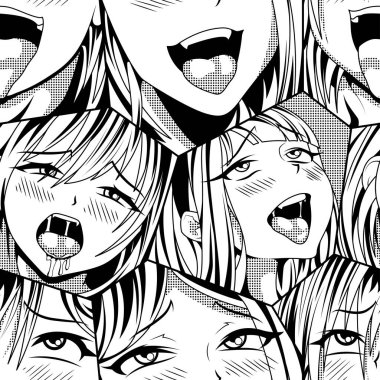 Siyah vektörsüz desen, ahegao ile yüz yüze duygu, illüstrasyon manga seti. Tişörtler, kasklar, arabalar ve duvar kağıtları için el yapımı sanat eserleri. konsept grafik tasarım elemanı. Beyaz arkaplanda izole