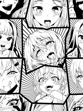 Siyah vektörsüz desen, ahegao ile yüz yüze duygu, illüstrasyon manga seti. Tişörtler, kasklar, arabalar ve duvar kağıtları için el yapımı sanat eserleri. konsept grafik tasarım elemanı. Beyaz arkaplanda izole
