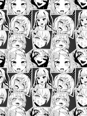 Siyah vektörsüz desen, ahegao ile yüz yüze duygu, illüstrasyon manga seti. Tişörtler, kasklar, arabalar ve duvar kağıtları için el yapımı sanat eserleri. konsept grafik tasarım elemanı. Beyaz arkaplanda izole