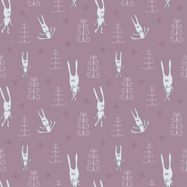 Köknar ağaçları ve tavşanlarla kusursuz desen. Noel arkaplan vektörü.