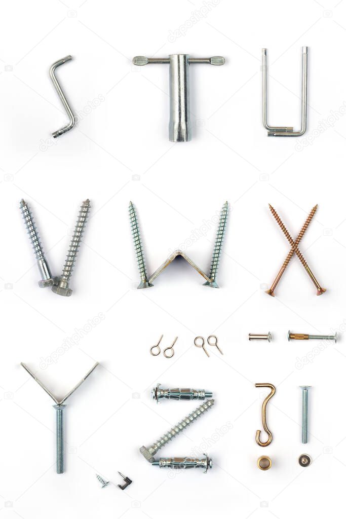Industrial alphabet. Letters S, T, U, V, W, X, Y, Z, made of nails and screw.