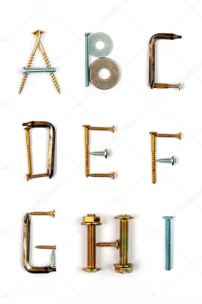 Industrial alphabet. Letters A, B, C, D, E, F, G, H, I, made of nails and screw.