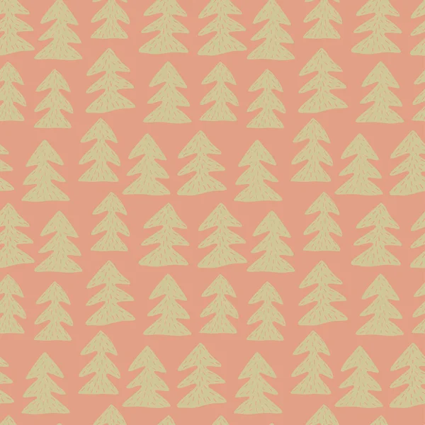Fir tree seamless pattern on red background. Pastel decorative hand drawn vector. — Stock Vector