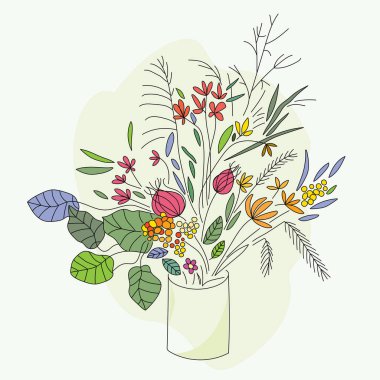 Vazo vektörü düz çiziminde çiçek açan bir buket. Beyaz renkte bir demet farklı çiçek..