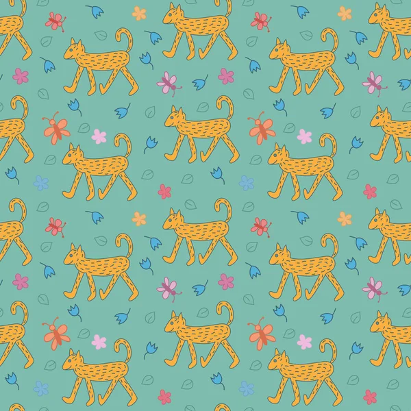 Dynamic seamless pattern with happy dog on turquoise background. Hand drawn doodle style vector illustration. —  Vetores de Stock