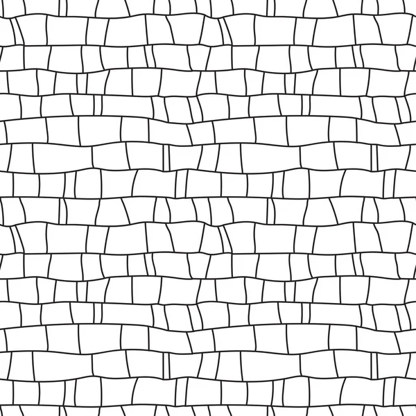 Gebogen bakstenen muur hand getekend naadloos patroon, zwart-wit curve lijnen textuur. — Stockvector
