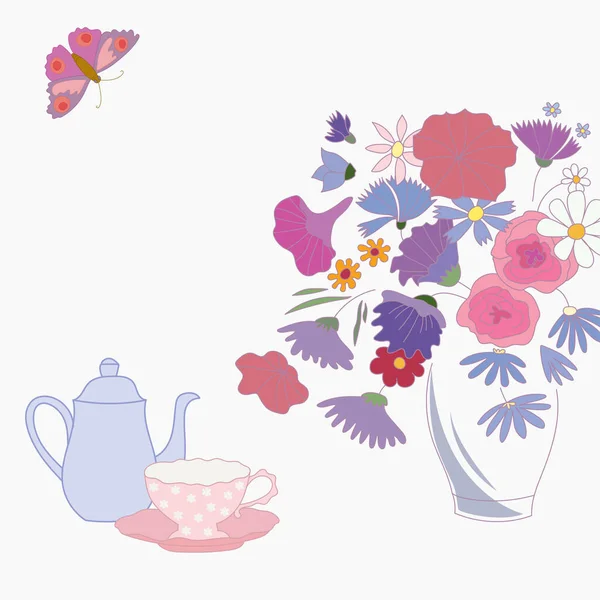 Tea time set with teapot, cup, bouquet of flowers, butterfly. Copy space. — Stock Vector