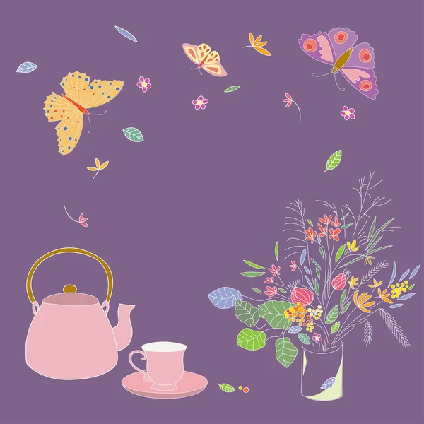 Teezeit mit Teekanne, Tasse, Blumenstrauß, Schmetterling. Kopierraum. — Stockvektor