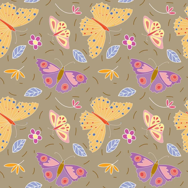 Patrón sin costuras mariposa. Fondo dibujado a mano con variuos mariposas en beige. — Vector de stock