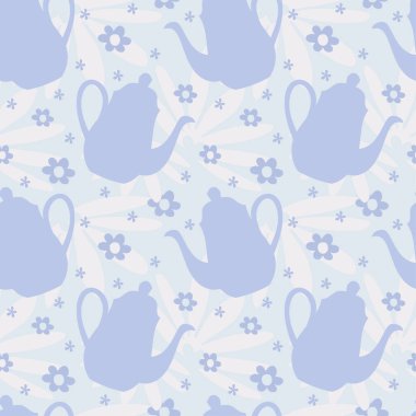 Çaydanlık kusursuz desen. Çaydanlık siluetleriyle mavi arkaplan.