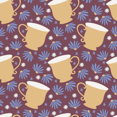 Çay fincanı kusursuz desen. Kahverengimsi mor arka plan ve sarı çay fincanları.