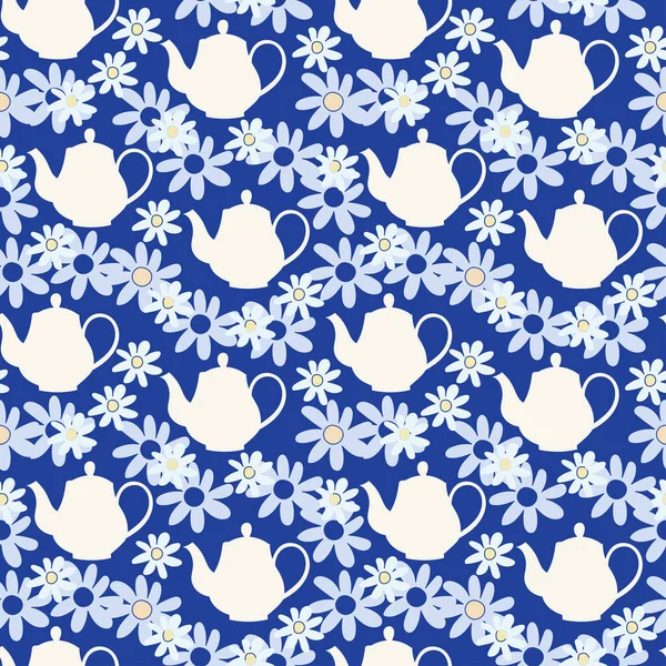 Théière motif sans couture. Fond bleu avec des silhouettes de théière. — Image vectorielle