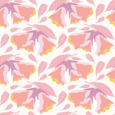 Beyaz arka planda pembe Eustoma çiçekleri olan çiçek desenli.