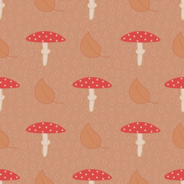 Amanita mantarı arkaplanda yapraklar ve yağmur damlalarıyla dikişsiz desen.