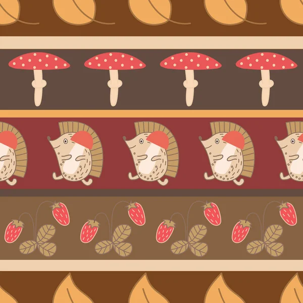 Colourful striped seamless pattern with hedgehogs, mushrooms and strawberries arranged in rows. — стоковый вектор