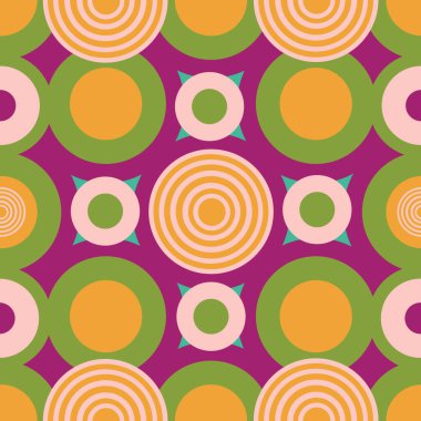Soyut geometrik dairesel kusursuz desen. Pembe arkaplanda parlak renkli daireler.