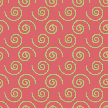 Soyut geometrik sarmal, dikişsiz desen. Kırmızı arkaplanda yeşil spiraller.